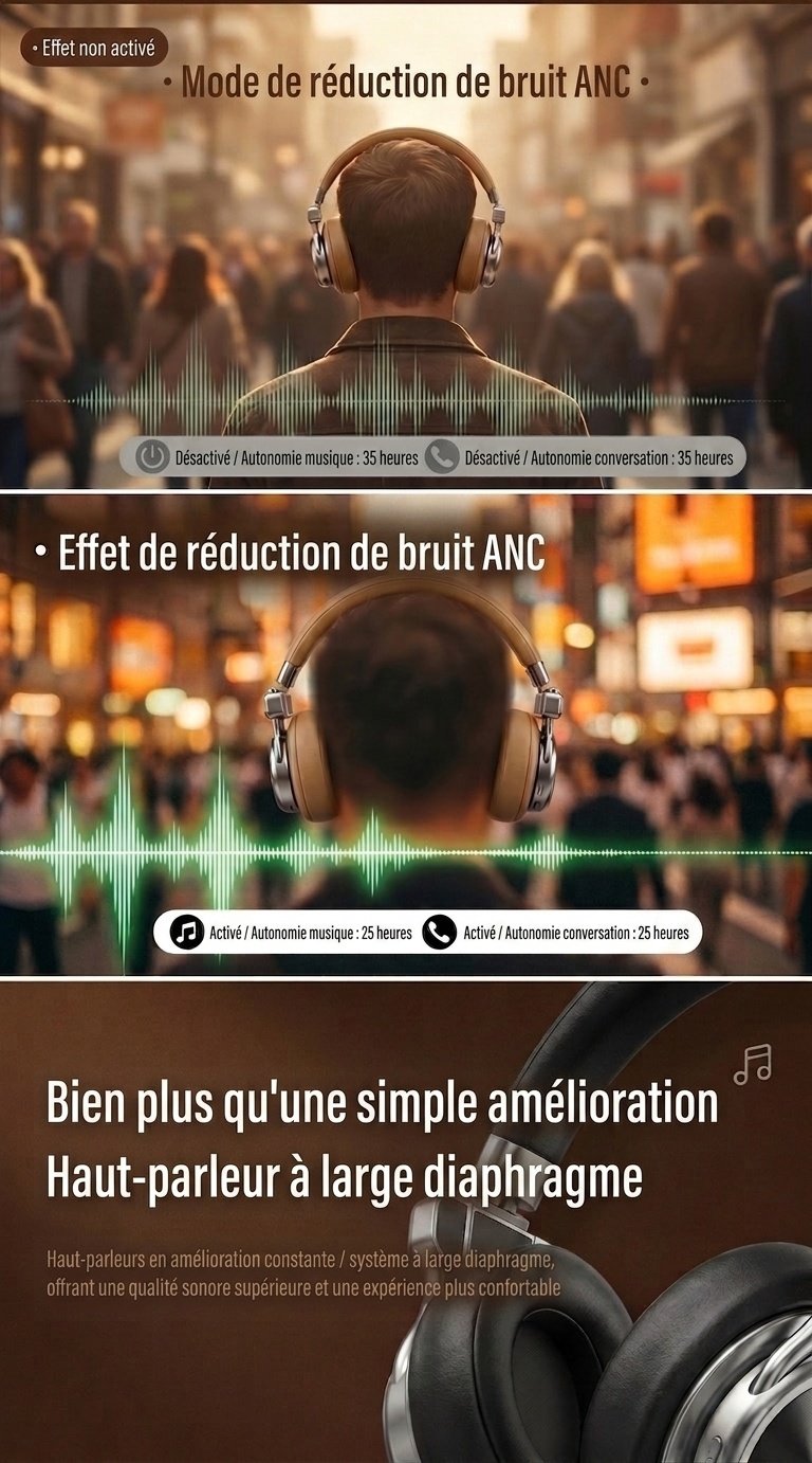 Casque rétro sans fil à réduction de bruit - Bluetooth Hi-Fi