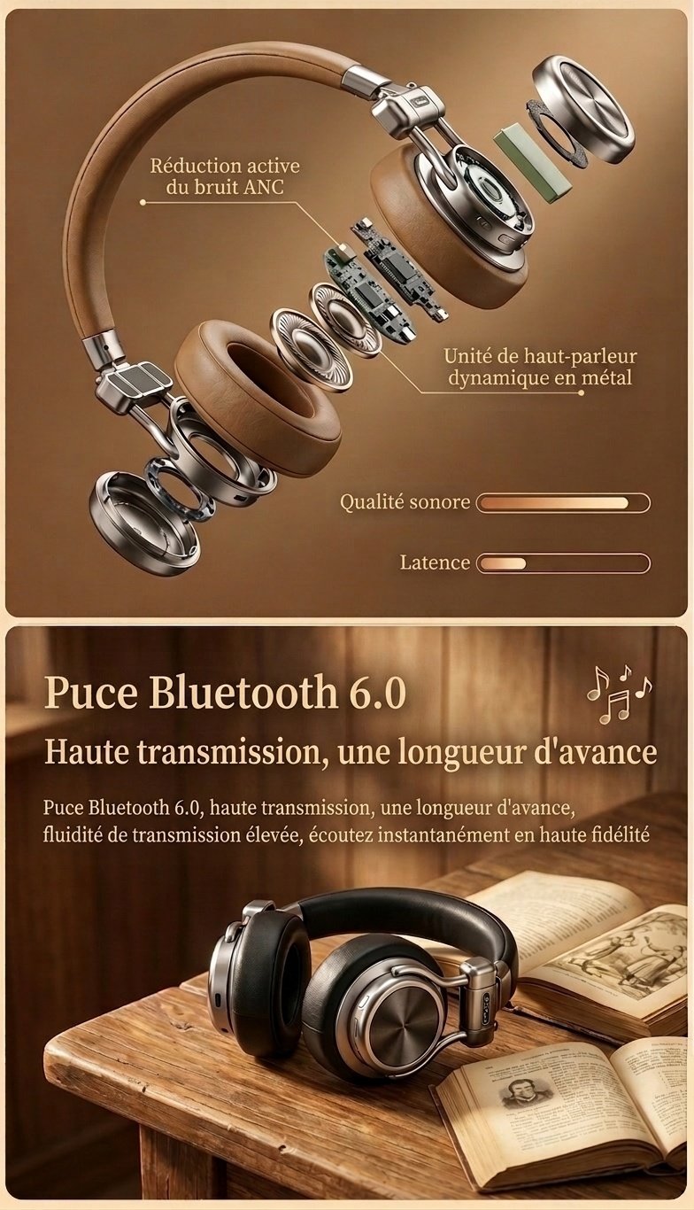 Casque rétro sans fil à réduction de bruit - Bluetooth Hi-Fi