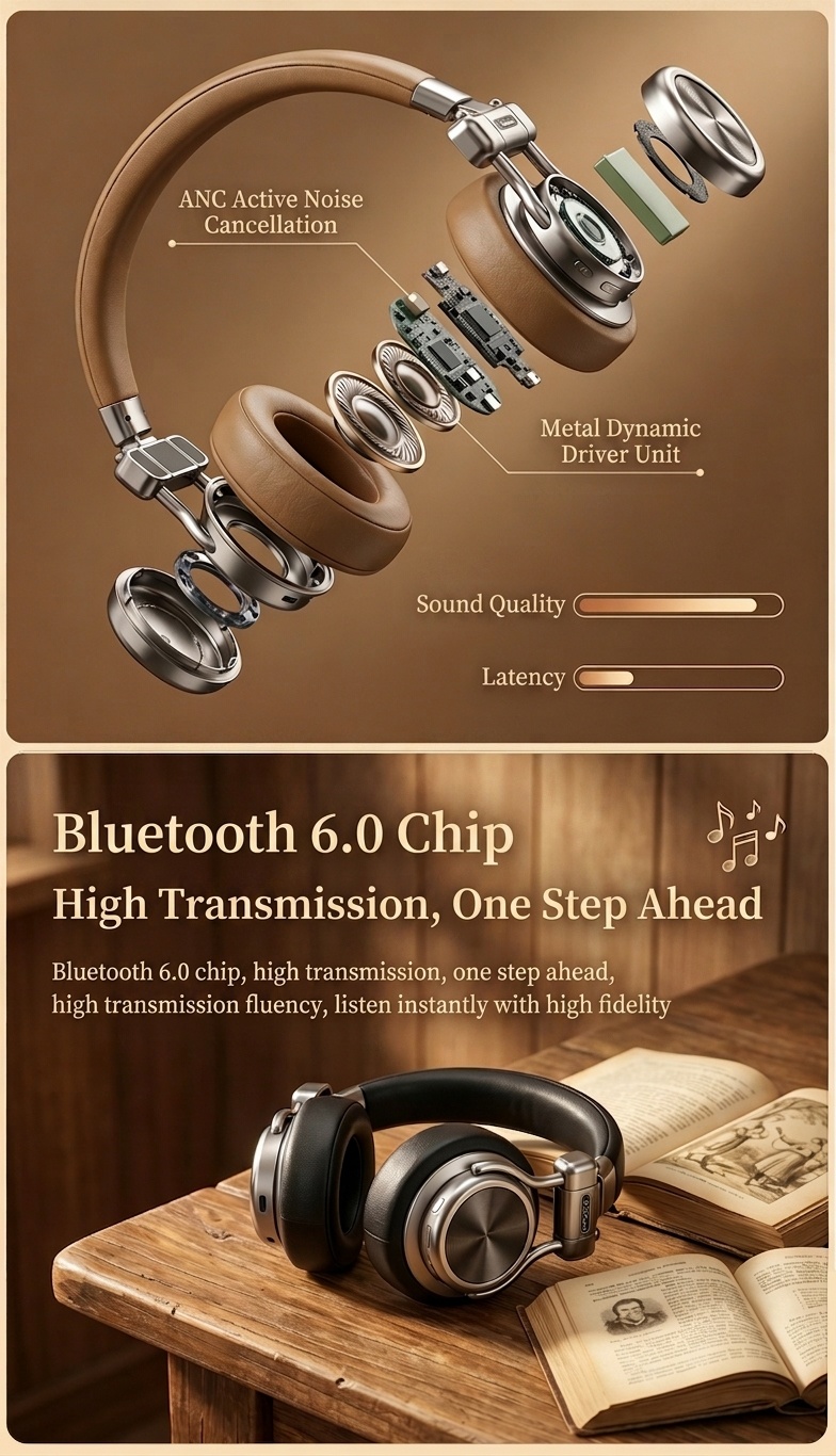Retro Wireless Noise Cancelling Headphones - Hi-Fi Bluetooth