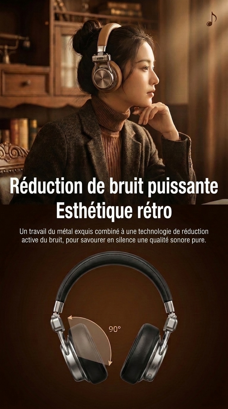 Casque rétro sans fil à réduction de bruit - Bluetooth Hi-Fi