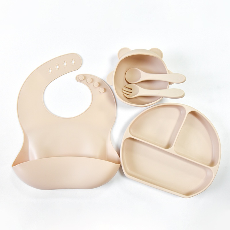 Ensemble d'alimentation en silicone pour bébé avec plaque à ventouse et bavoir - 5 pièces