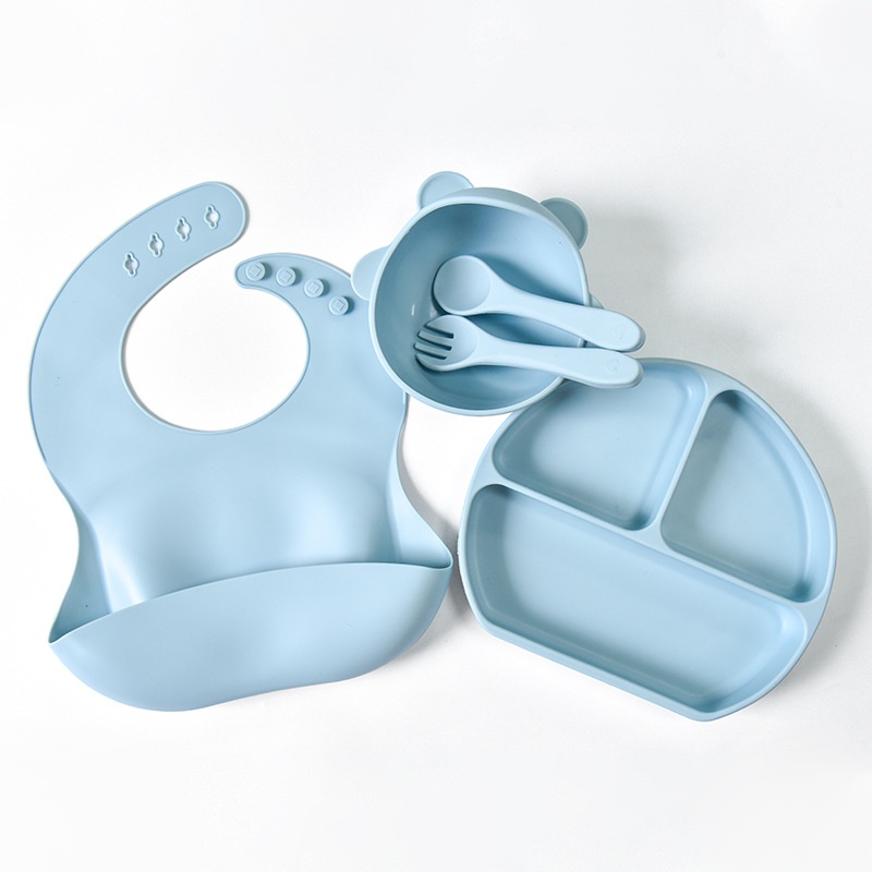 Ensemble d'alimentation en silicone pour bébé avec plaque à ventouse et bavoir - 5 pièces