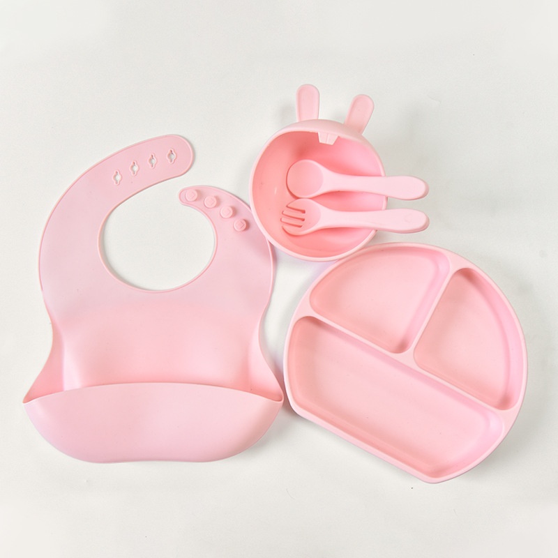Ensemble d'alimentation en silicone pour bébé avec plaque à ventouse et bavoir - 5 pièces