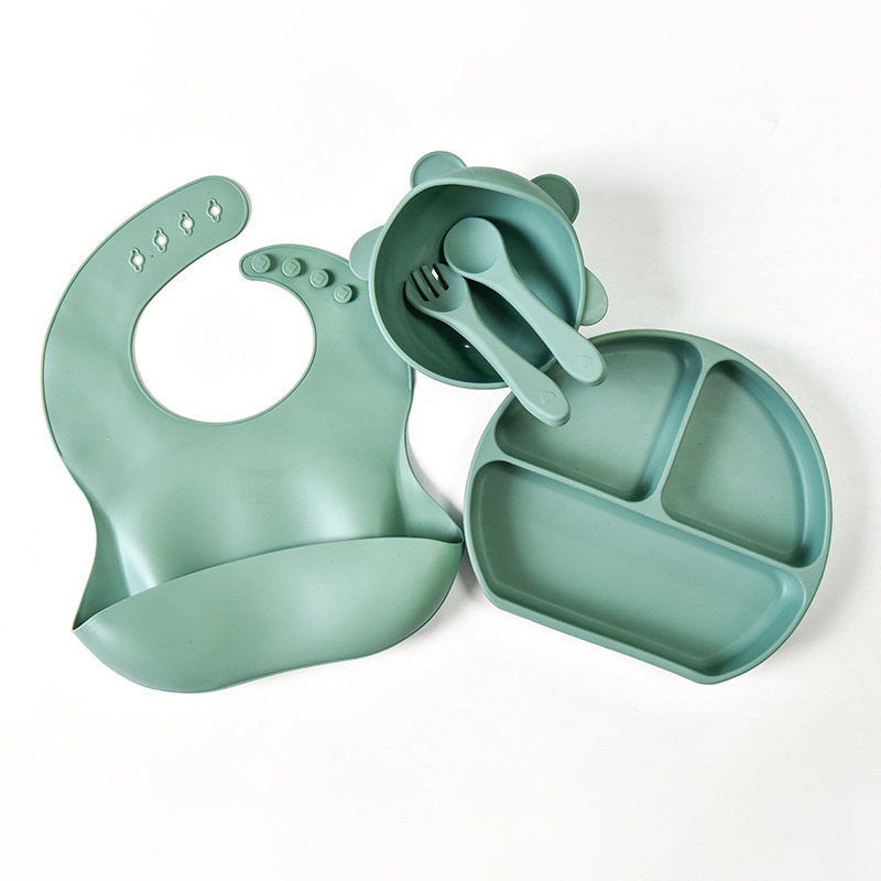 Ensemble d'alimentation en silicone pour bébé avec plaque à ventouse et bavoir - 5 pièces