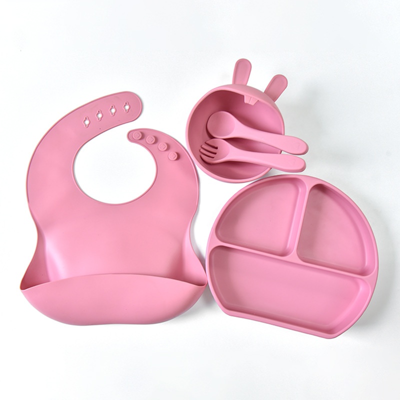 Ensemble d'alimentation en silicone pour bébé avec plaque à ventouse et bavoir - 5 pièces