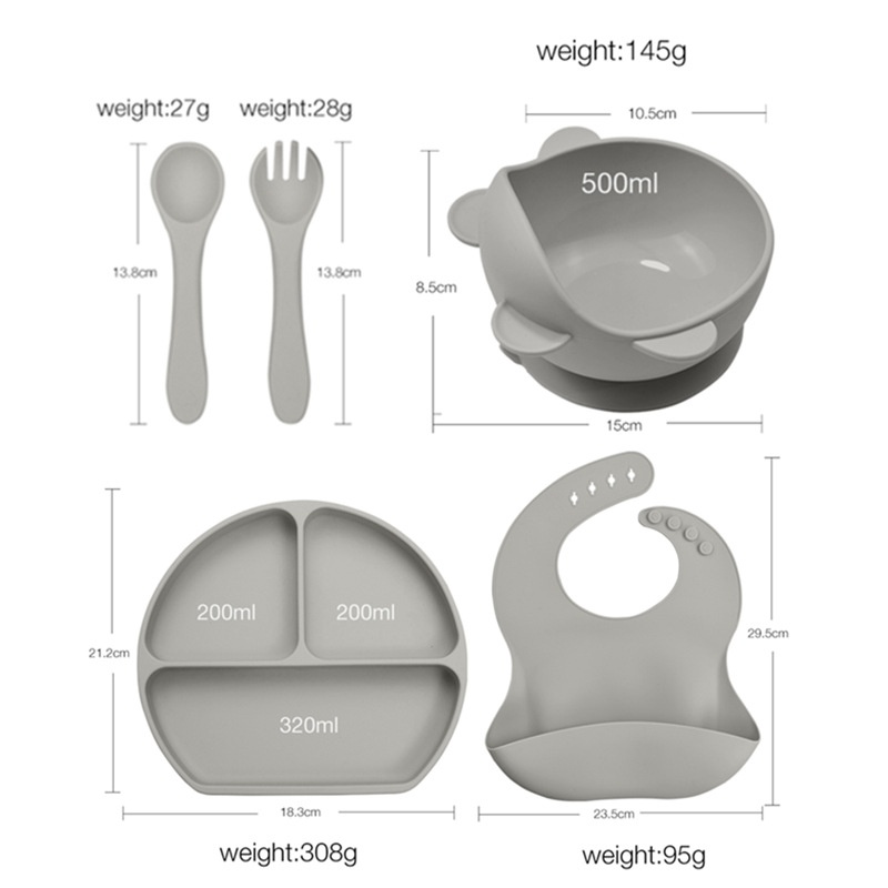 Ensemble d'alimentation en silicone pour bébé avec plaque à ventouse et bavoir - 5 pièces