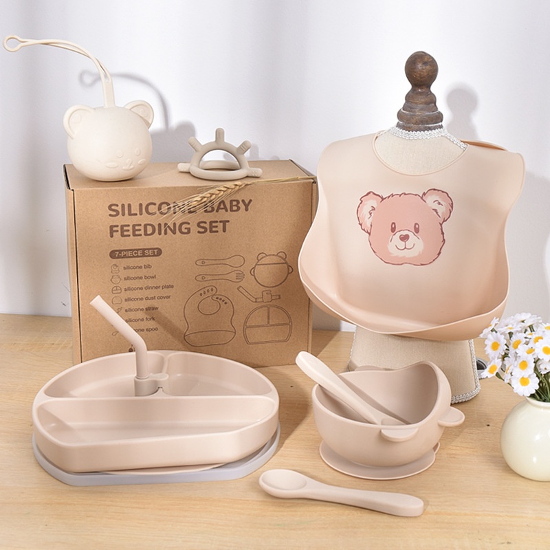 Set per la pappa del bambino in silicone da 7 pezzi con piattino a ventosa e bavaglino