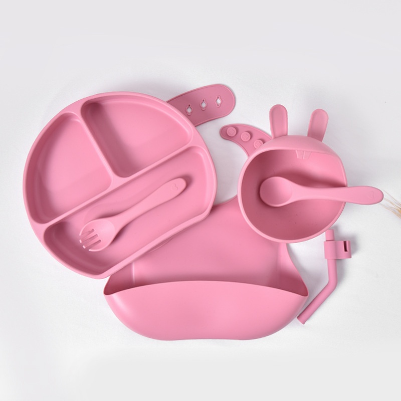 Set per la pappa del bambino in silicone da 7 pezzi con piattino a ventosa e bavaglino