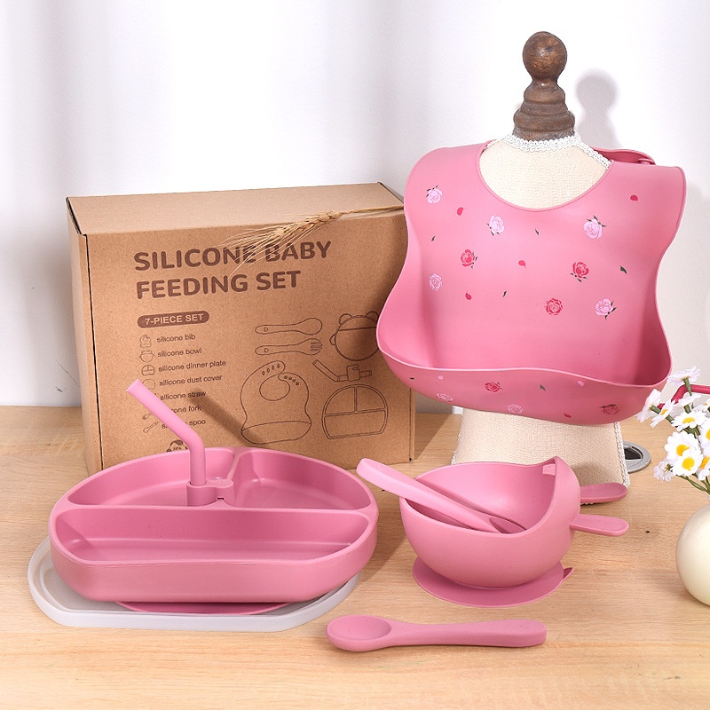 Set per la pappa del bambino in silicone da 7 pezzi con piattino a ventosa e bavaglino