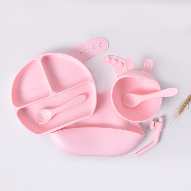 Set per la pappa del bambino in silicone da 7 pezzi con piattino a ventosa e bavaglino