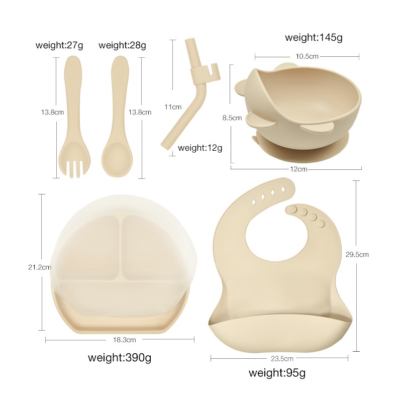 Set per la pappa del bambino in silicone da 7 pezzi con piattino a ventosa e bavaglino
