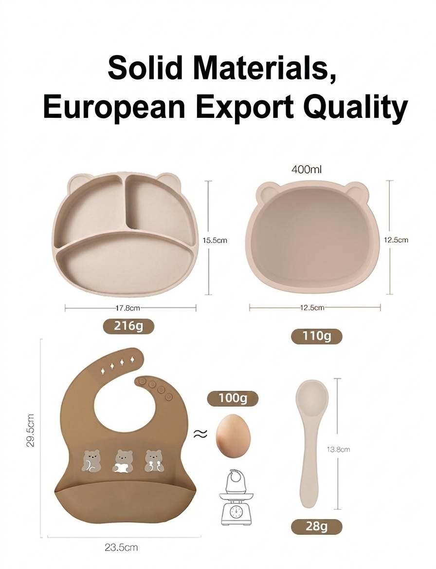 Silicone Baby Feeding Set with Suction Plate & Bib