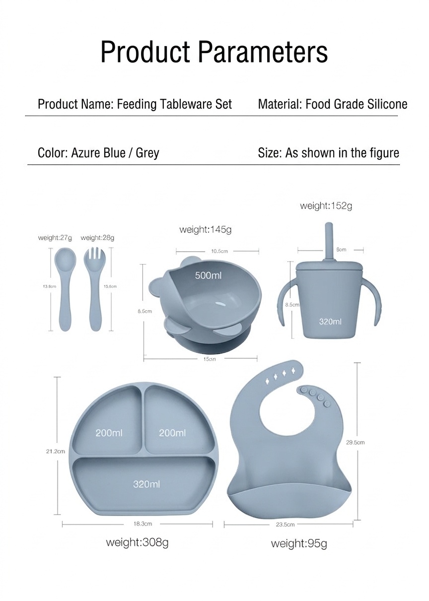 Baby Silicone Feeding Set - Suction Plate, Bib & Utensils