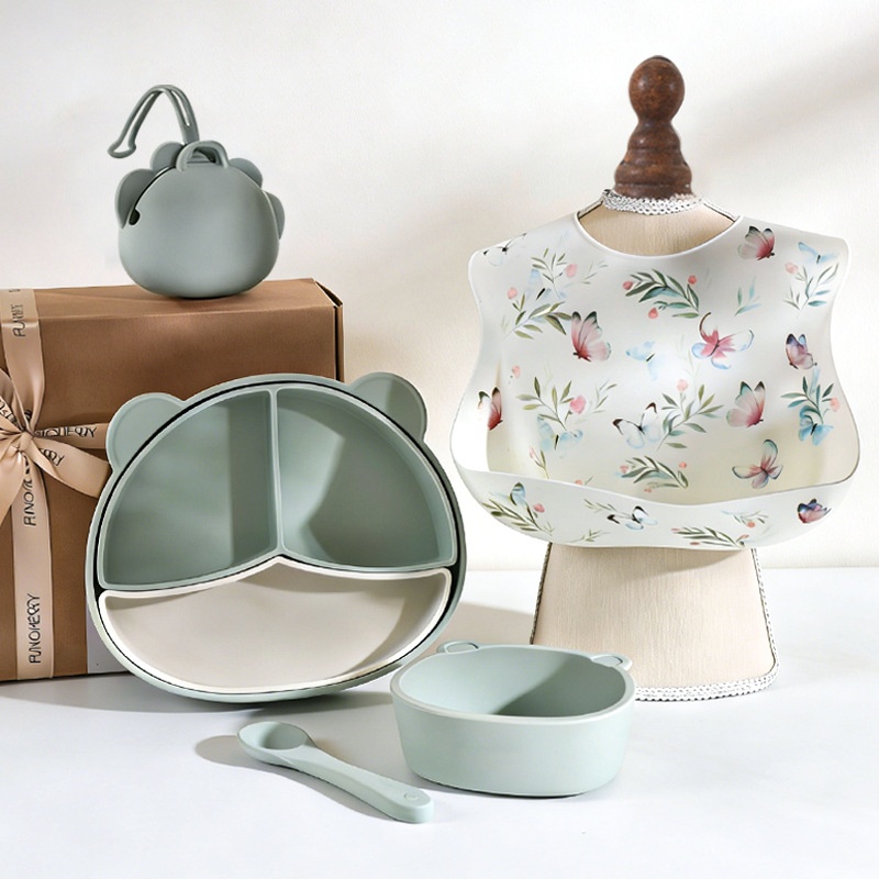 Baby Silicone Feeding Set with Suction Plate & Bib