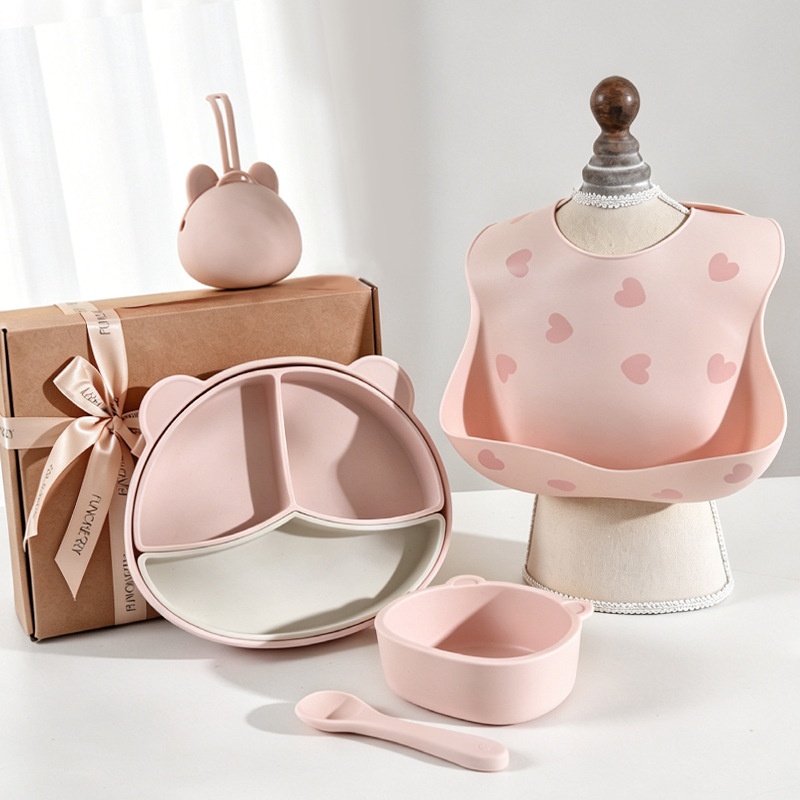 Baby Silicone Feeding Set with Suction Plate & Bib
