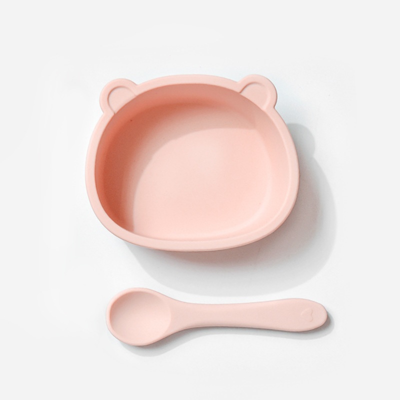 Set di ciotola e cucchiaio in silicone a forma di orsetto per la pappa del bambino.
