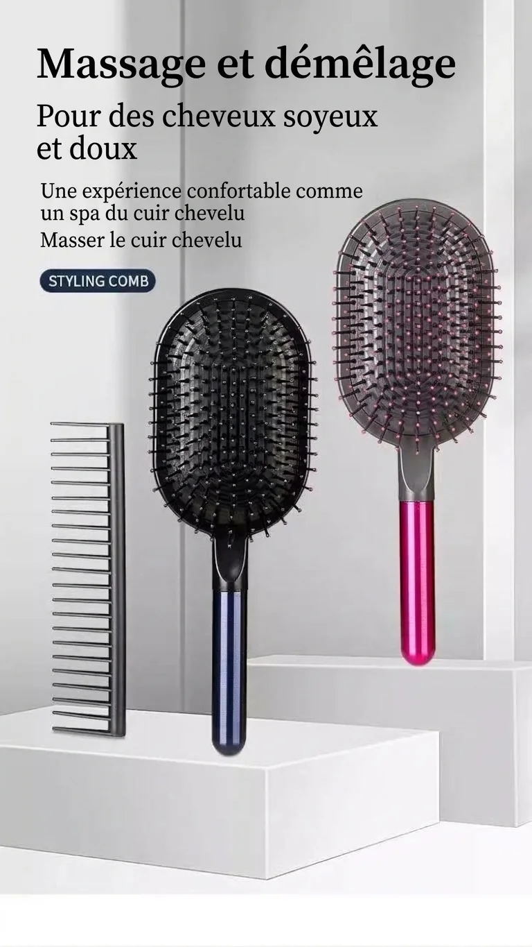 Brosse à cheveux plate de massage du cuir chevelu et peigne démêlant (ensemble de 2 pièces)