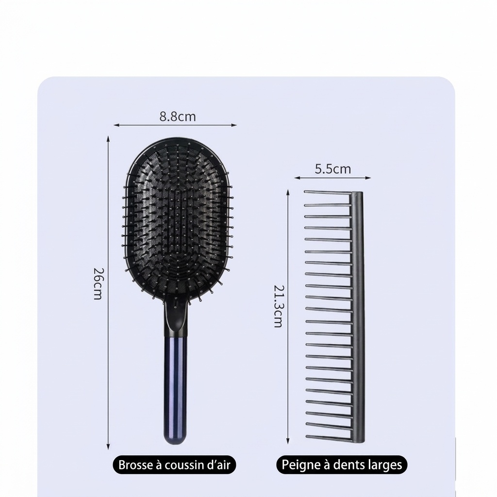 Brosse à cheveux plate de massage du cuir chevelu et peigne démêlant (ensemble de 2 pièces)