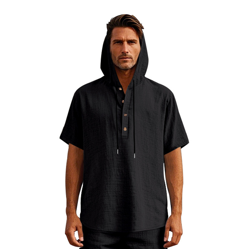 Linen Henley Shirt Men's Summer Short Sleeve Casual Loose Fit NDF-00006