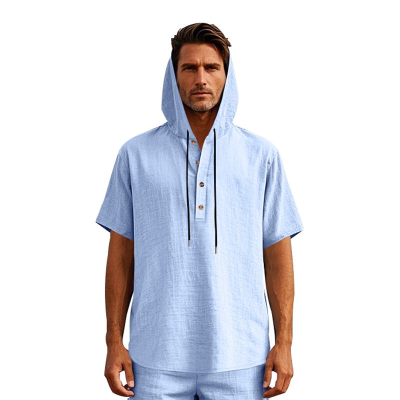 Linen Henley Shirt Men's Summer Short Sleeve Casual Loose Fit NDF-00006