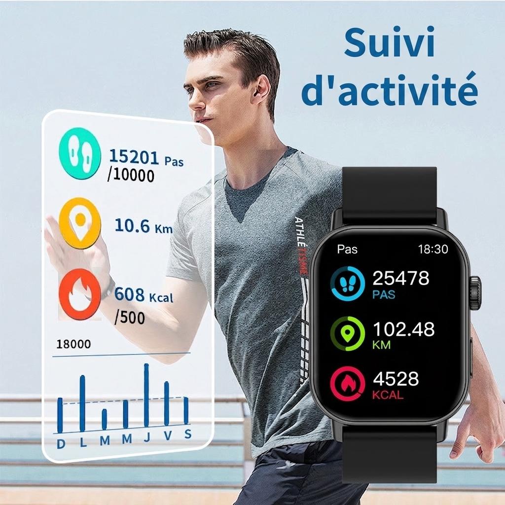 Montre connectée pour appels sans fil avec suivi d'activité et moniteur de fréquence cardiaque CXI-00008