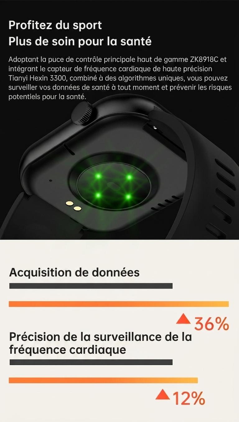 Montre connectée sport CT2 avec écran HD et suivi de santé - Bracelet en silicone