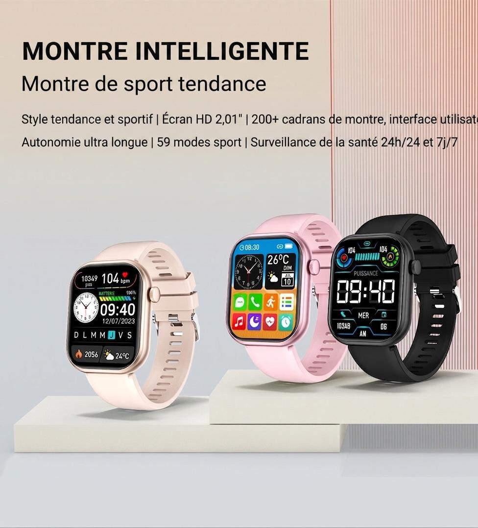 Montre connectée sport CT2 avec écran HD et suivi de santé - Bracelet en silicone