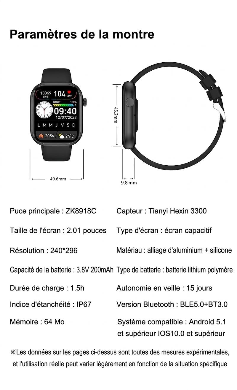 Montre connectée sport CT2 avec écran HD et suivi de santé - Bracelet en silicone