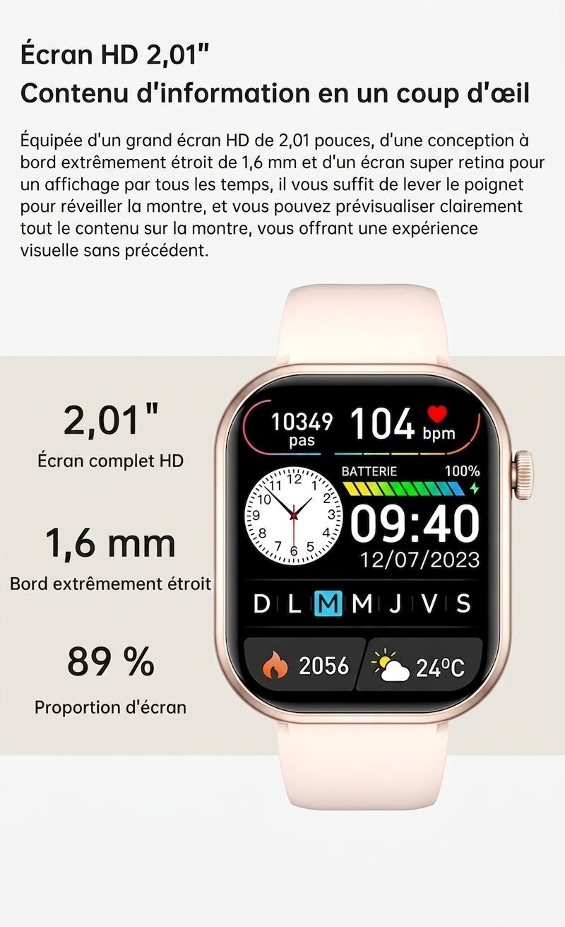 Montre connectée sport CT2 avec écran HD et suivi de santé - Bracelet en silicone