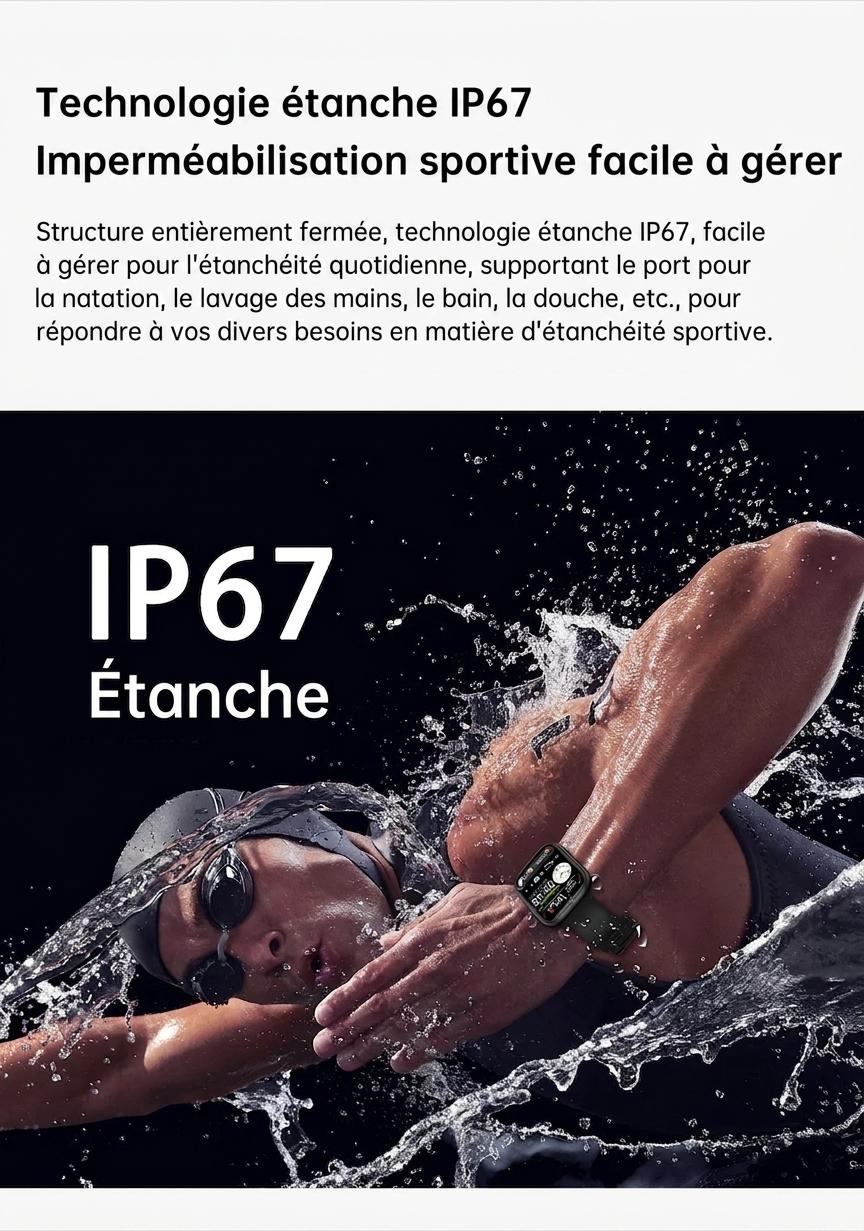 Montre connectée sport CT2 avec écran HD et suivi de santé - Bracelet en acier inoxydable et silicone