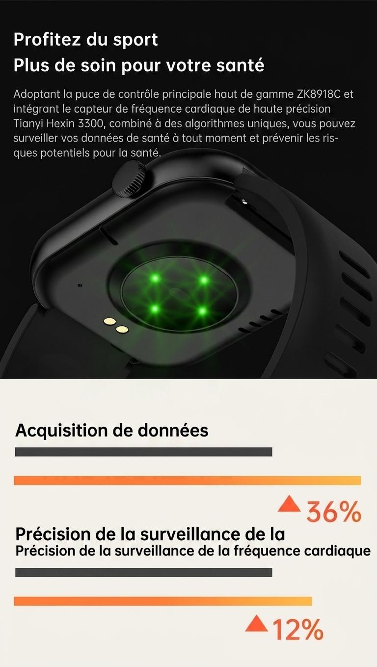 Montre connectée sport CT2 avec écran HD et suivi de santé - Bracelet en acier inoxydable et silicone