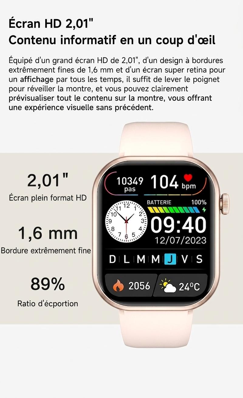 Montre connectée sport CT2 avec écran HD et suivi de santé - Bracelet en acier inoxydable et silicone