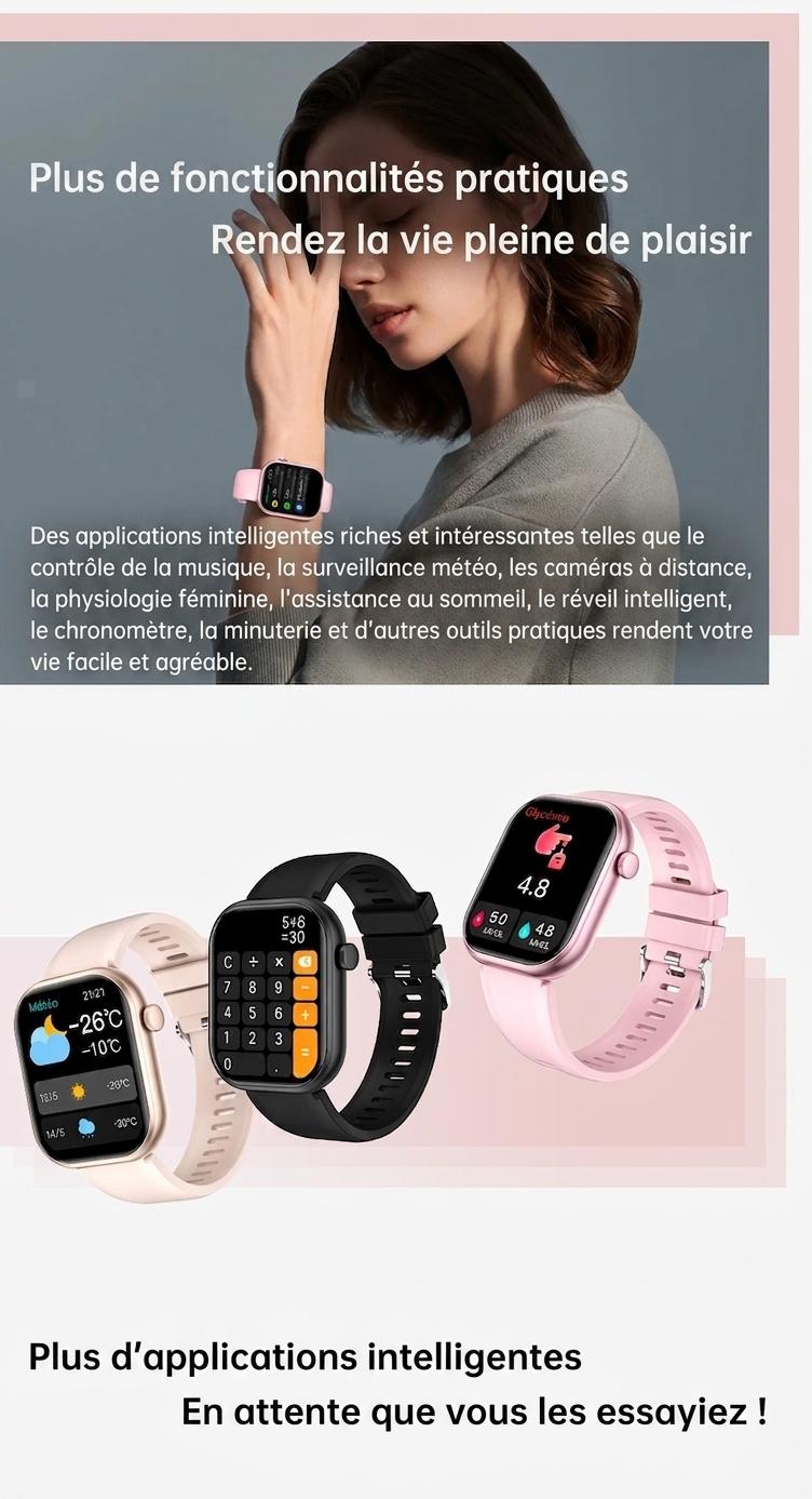 Montre connectée sport CT2 avec écran HD et suivi de santé - Bracelet en acier inoxydable et silicone