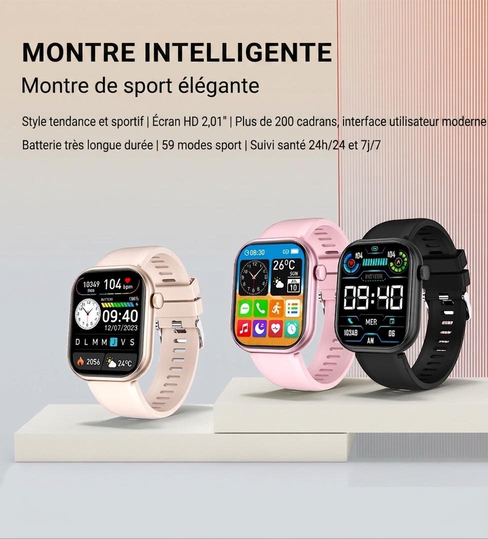 Montre connectée sport CT2 avec écran HD et suivi de santé - Bracelet en acier inoxydable et silicone