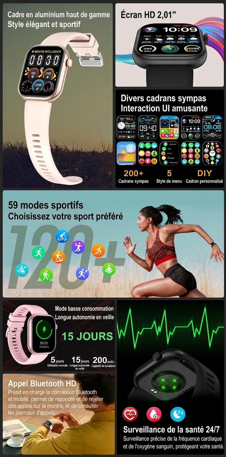 Montre connectée sport CT2 avec écran HD et suivi de santé - Bracelet en acier inoxydable et silicone