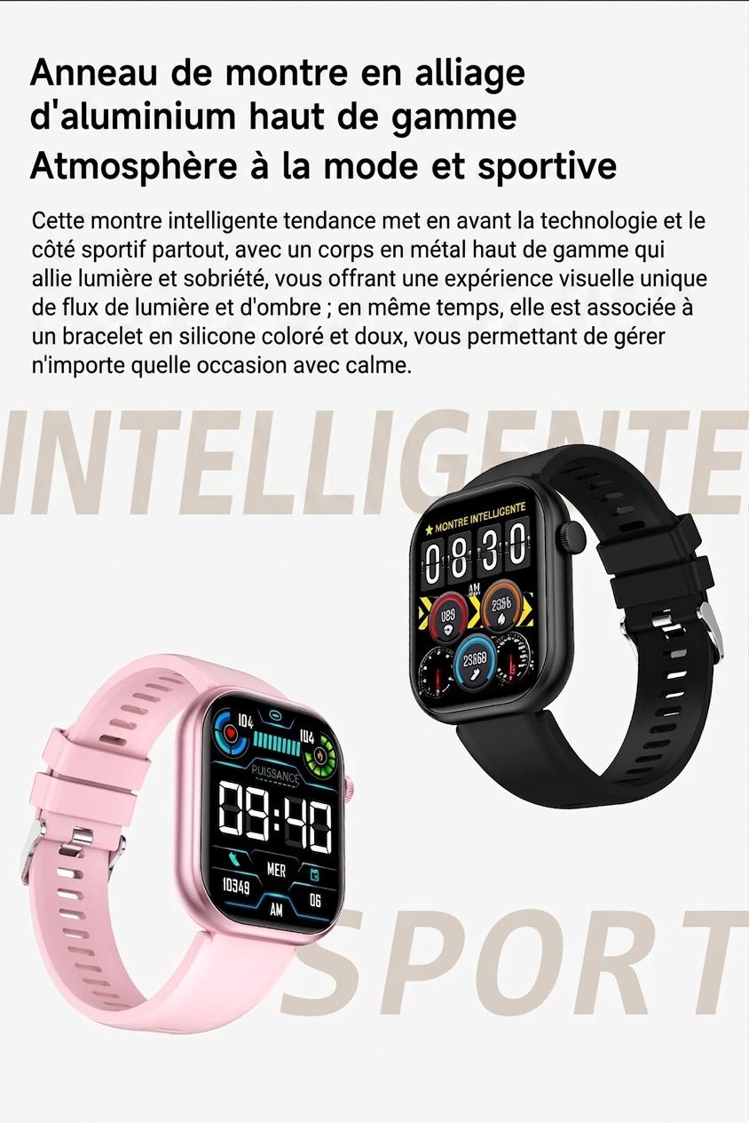 Montre connectée sport CT2 avec écran HD et suivi de santé - Bracelet en acier inoxydable et silicone