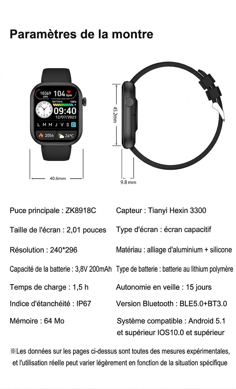 Montre connectée sport CT2 avec écran HD et suivi de santé - Bracelet en acier inoxydable et silicone