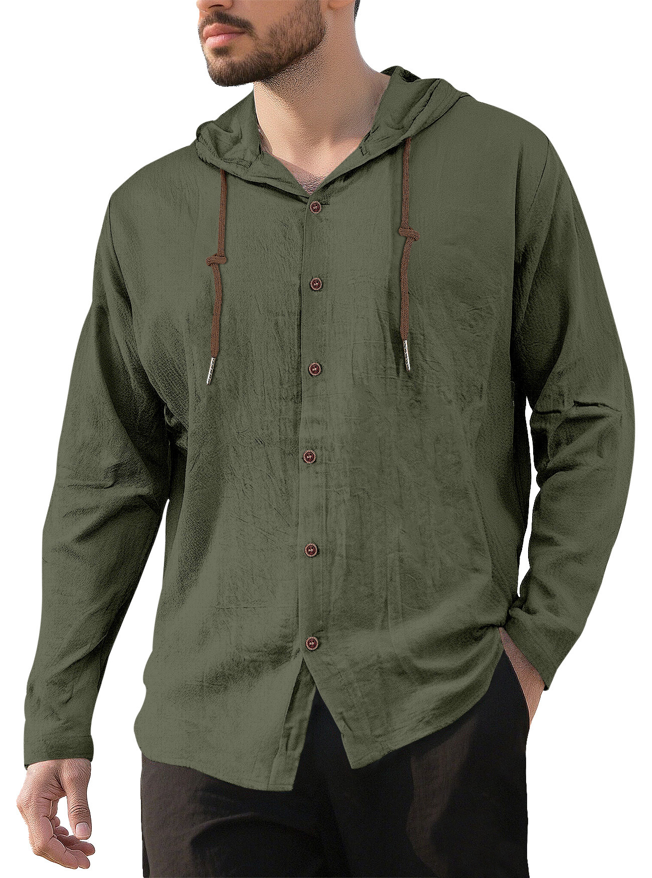 Camicia casual da uomo a maniche lunghe in lino e cotone - Traspirante con cappuccio NDF-00007