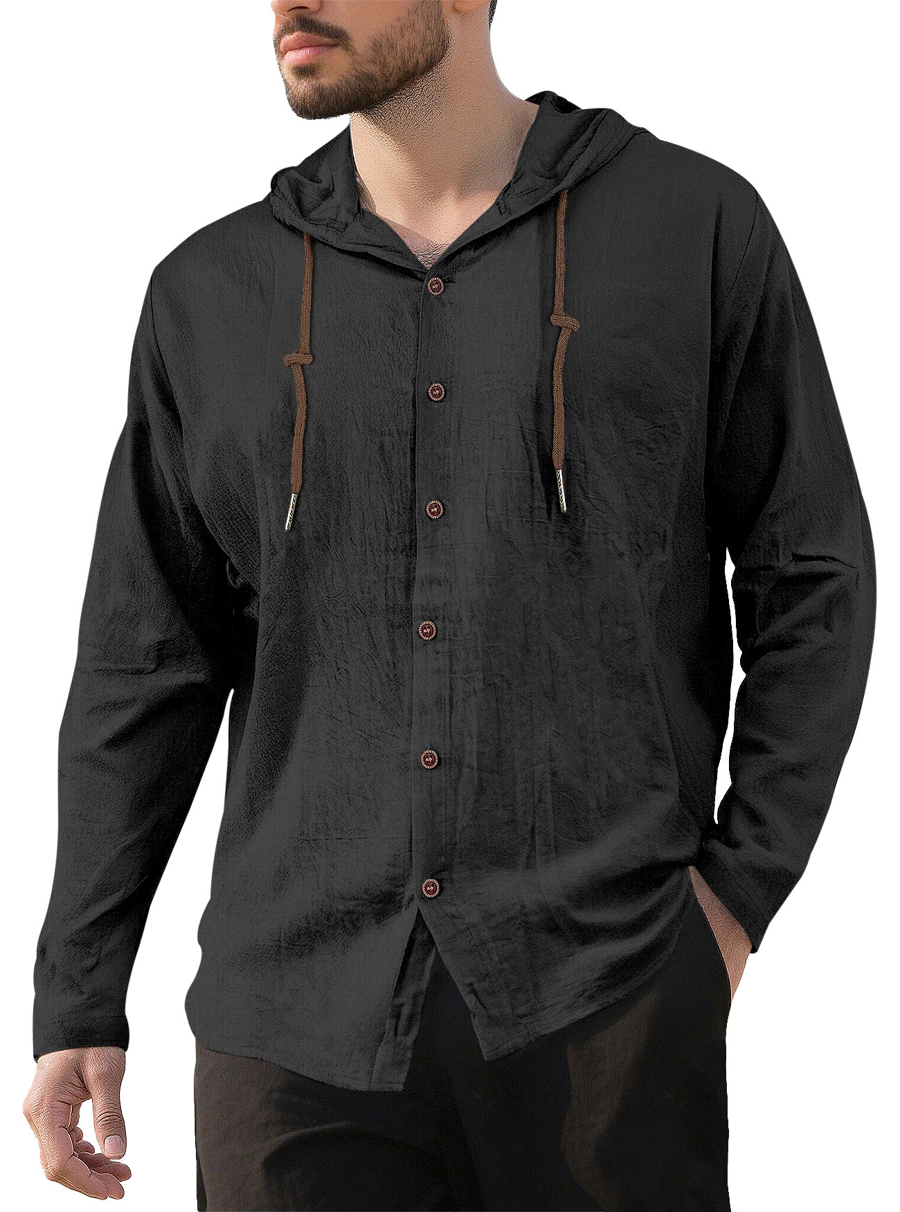 Camicia casual da uomo a maniche lunghe in lino e cotone - Traspirante con cappuccio NDF-00007