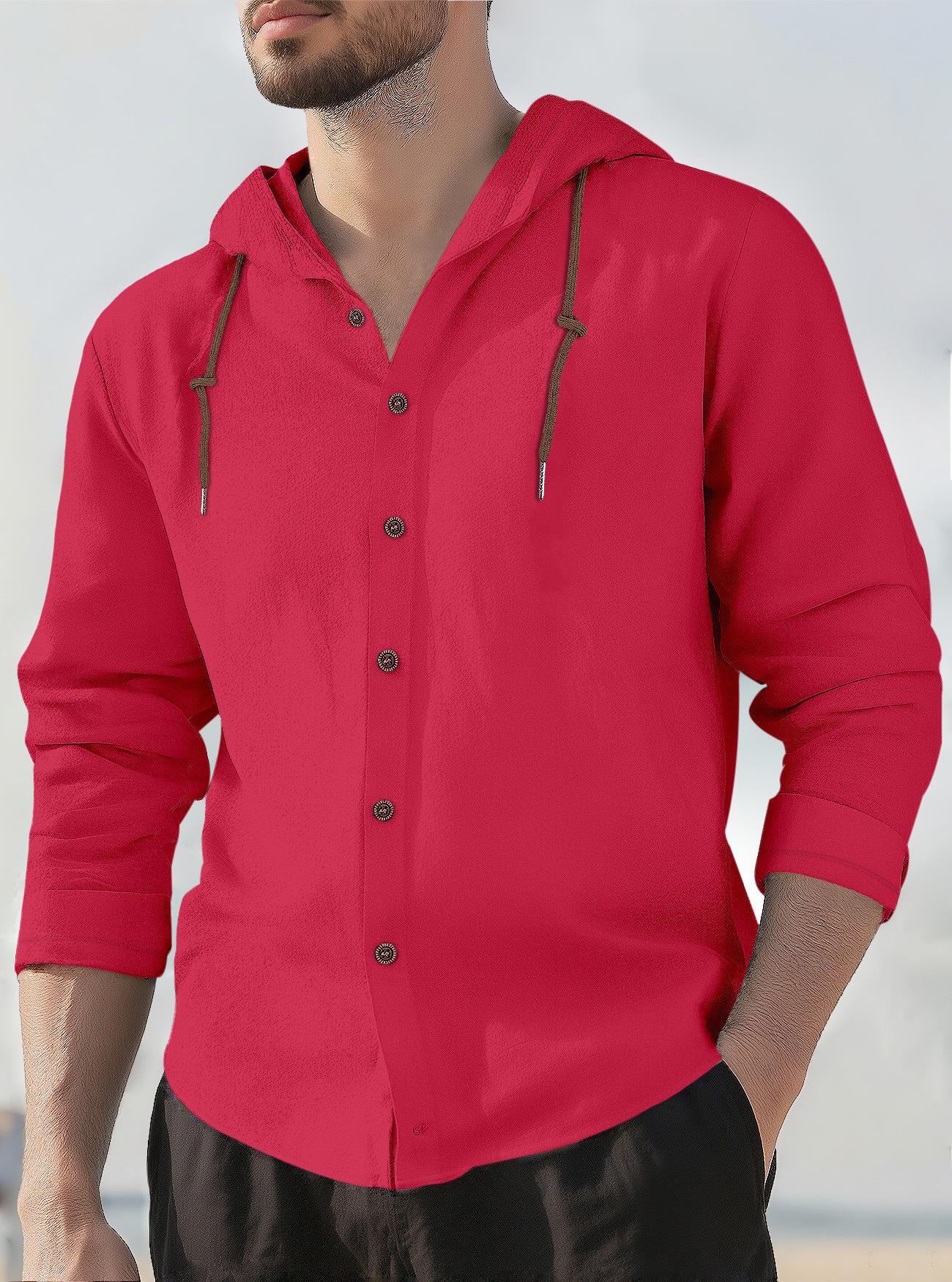 Camicia casual da uomo a maniche lunghe in lino e cotone - Traspirante con cappuccio NDF-00007
