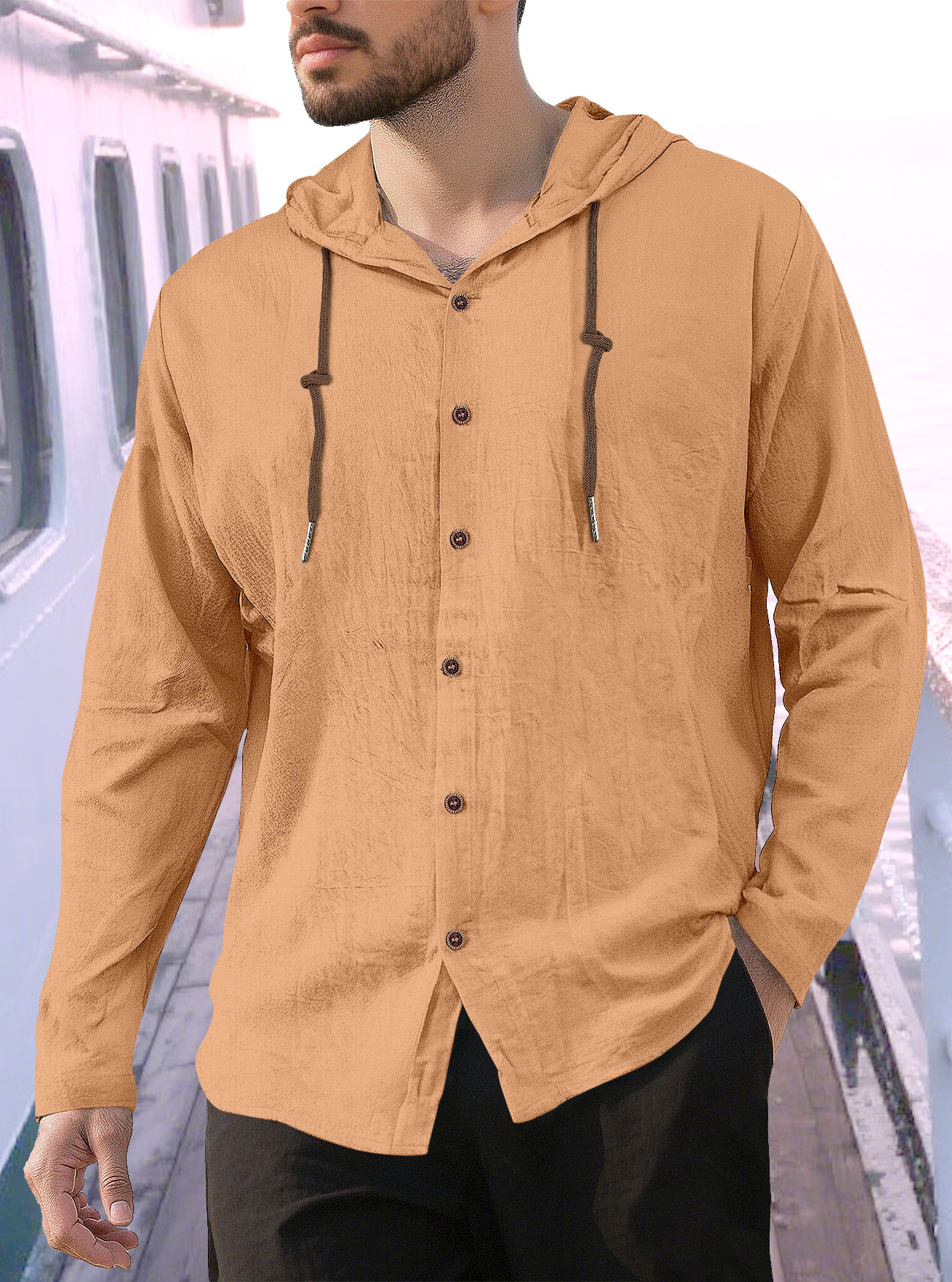 Camicia casual da uomo a maniche lunghe in lino e cotone - Traspirante con cappuccio NDF-00007