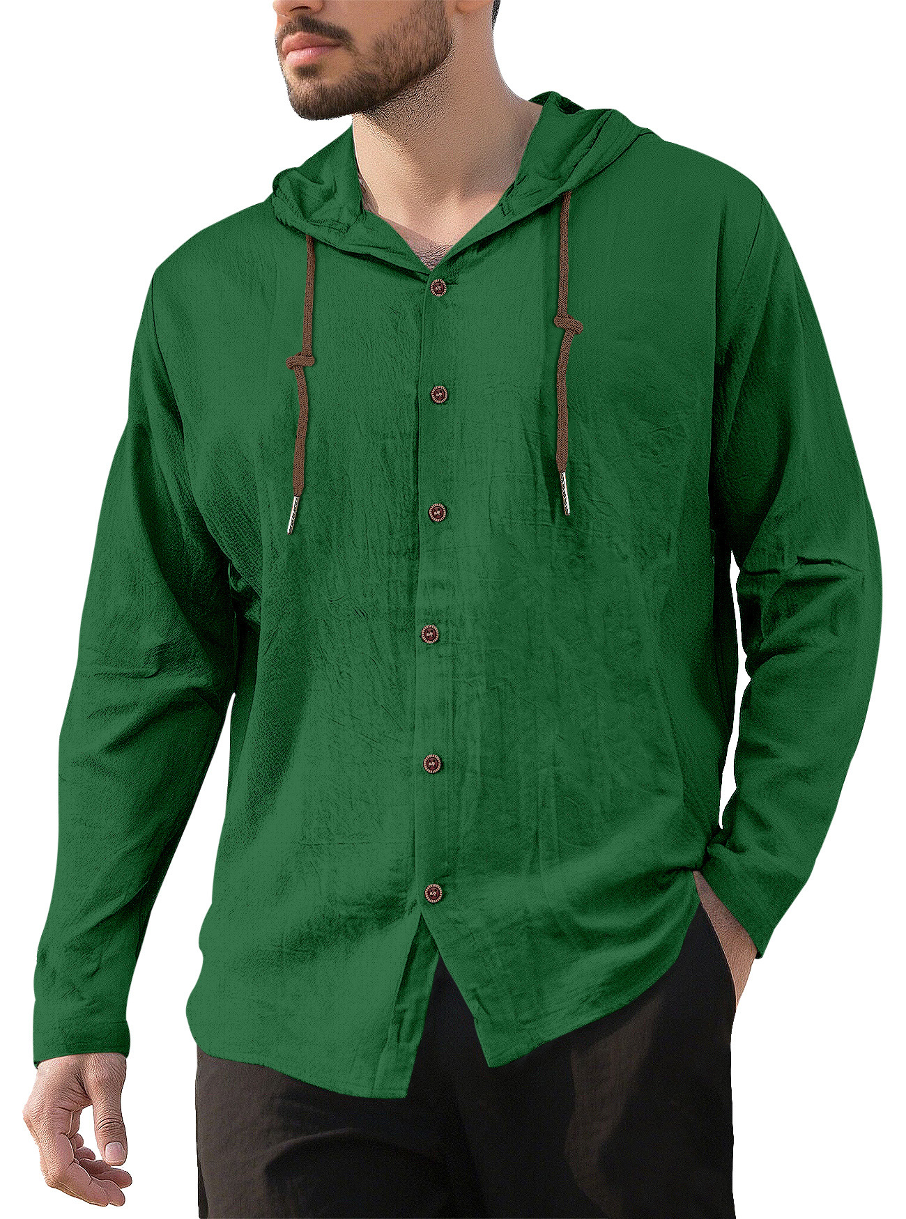 Camicia casual da uomo a maniche lunghe in lino e cotone - Traspirante con cappuccio NDF-00007
