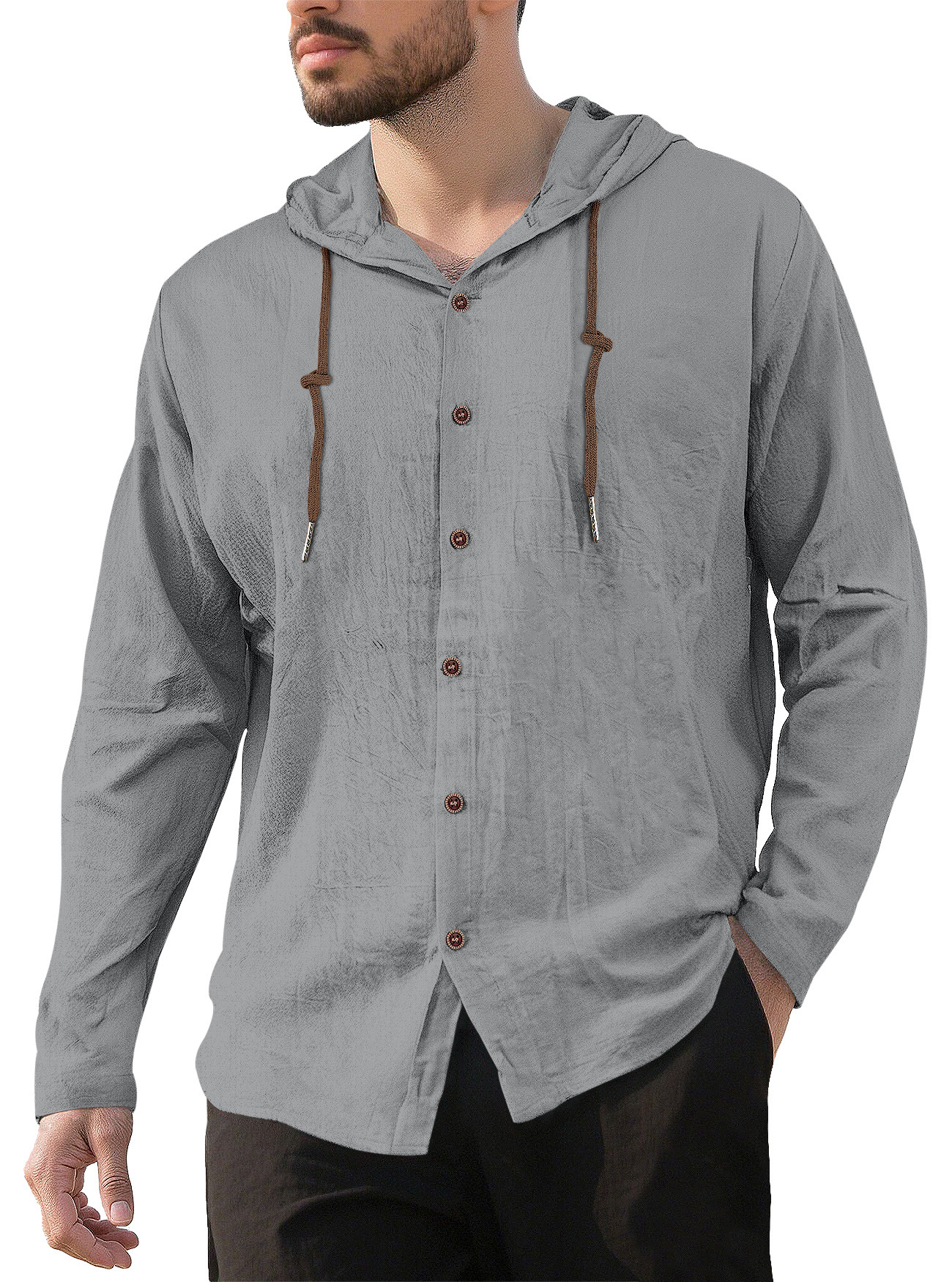 Camicia casual da uomo a maniche lunghe in lino e cotone - Traspirante con cappuccio NDF-00007