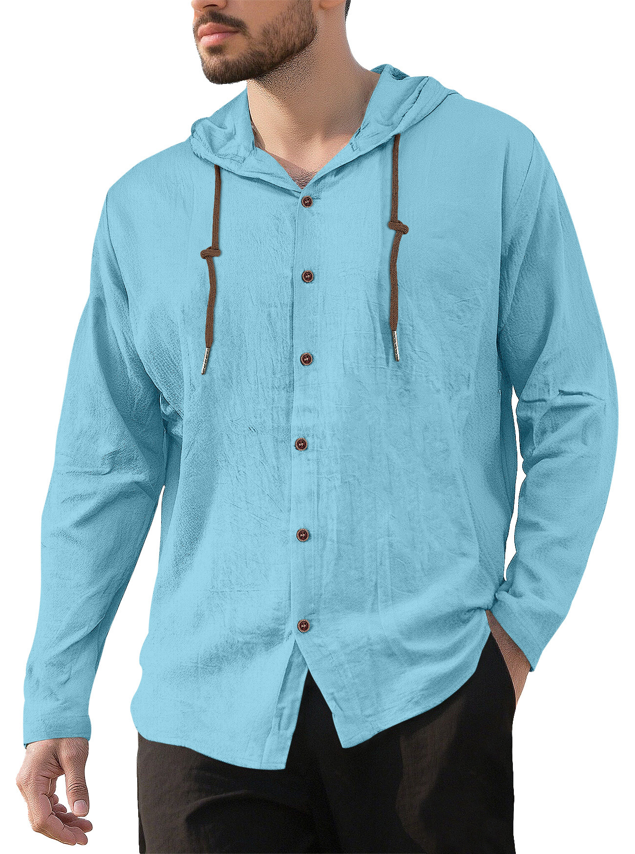 Camicia casual da uomo a maniche lunghe in lino e cotone - Traspirante con cappuccio NDF-00007