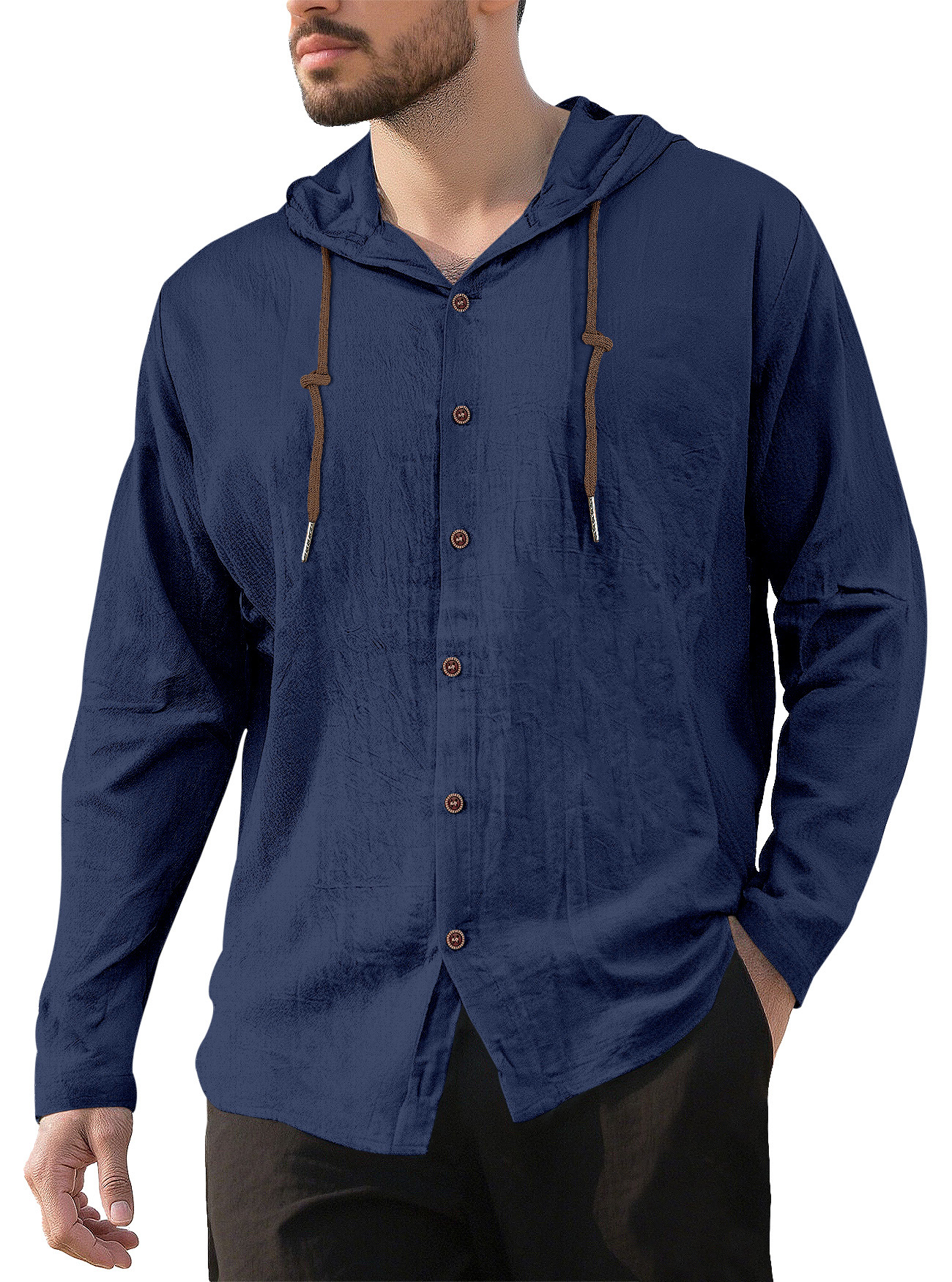 Camicia casual da uomo a maniche lunghe in lino e cotone - Traspirante con cappuccio NDF-00007