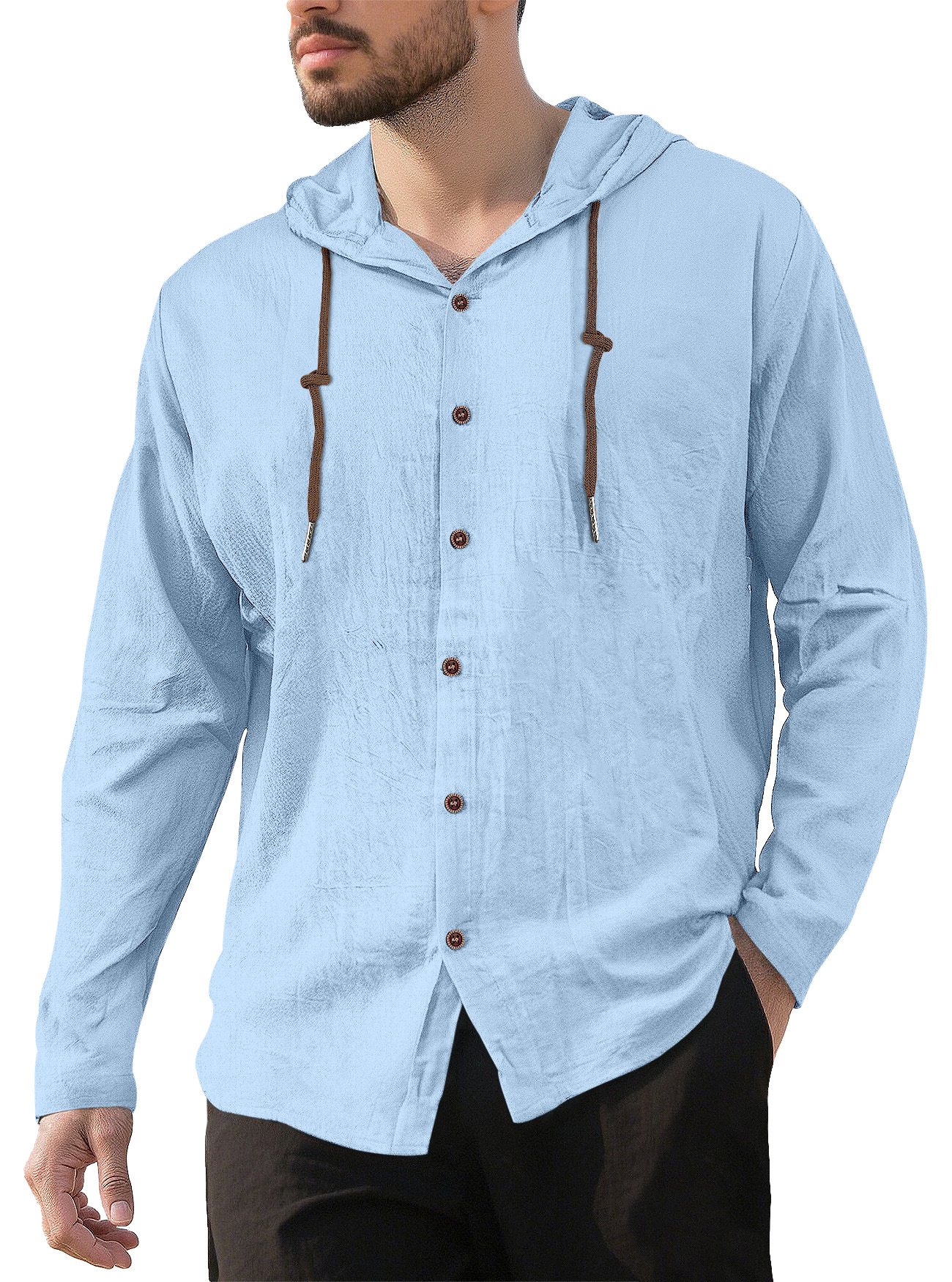 Camicia casual da uomo a maniche lunghe in lino e cotone - Traspirante con cappuccio NDF-00007