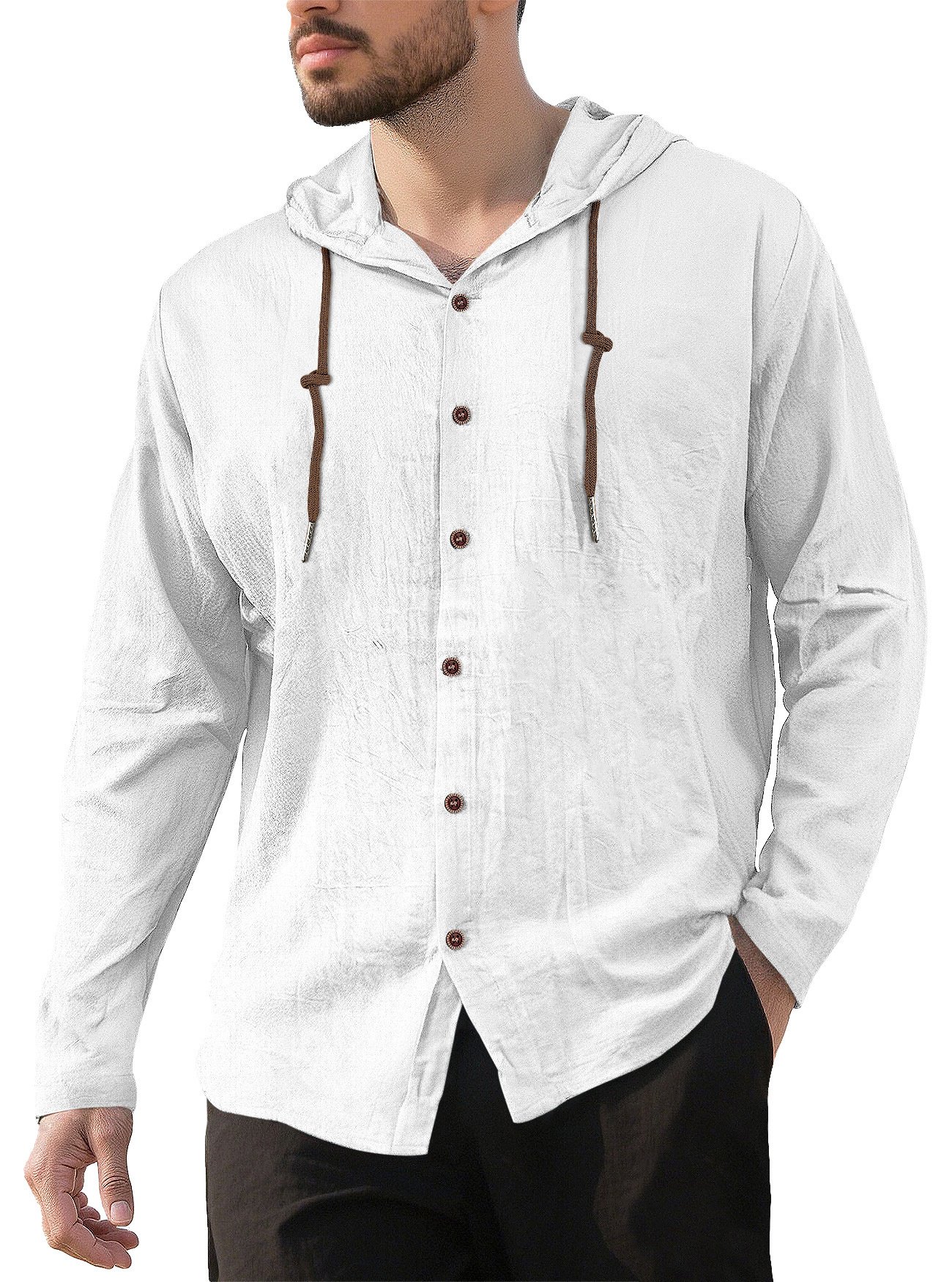 Camicia casual da uomo a maniche lunghe in lino e cotone - Traspirante con cappuccio NDF-00007
