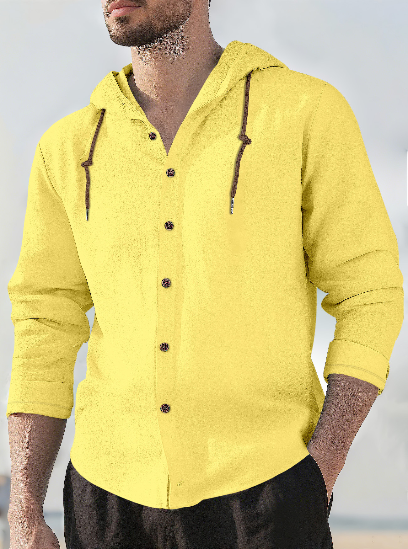 Camicia casual da uomo a maniche lunghe in lino e cotone - Traspirante con cappuccio NDF-00007