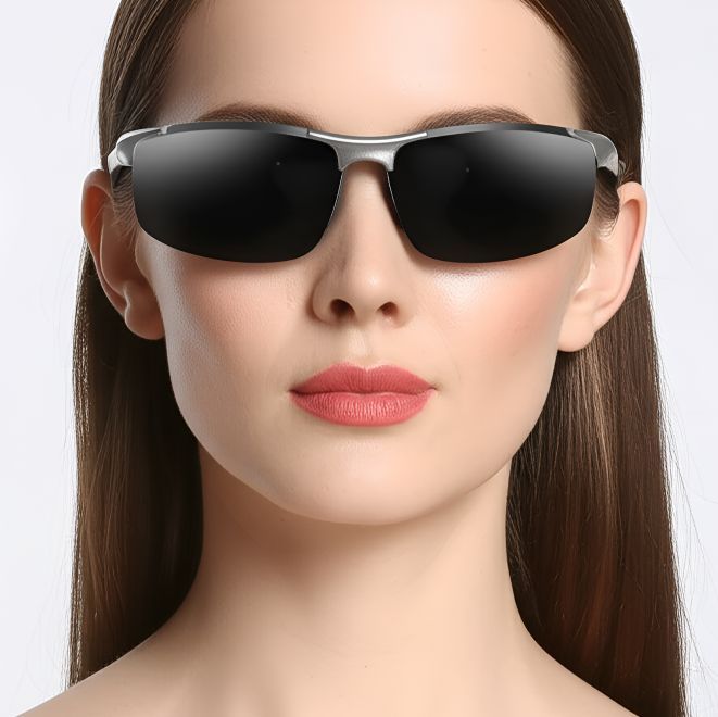 Halbrandlose polarisierte Sonnenbrille aus grauem Aluminium #BS0205-0053