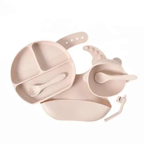 7-Piece Silicone Baby Feeding Set with Suction Plate & Bib